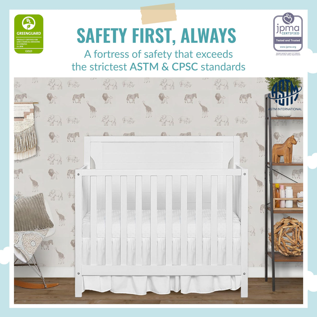 Dream On Me Bellport 4 in 1 Convertible Mini/Portable Crib In White, Non-Toxic Finish, Made of Sustainable New Zealand Pinewood, With 3 Mattress Height Settings Dream On Me