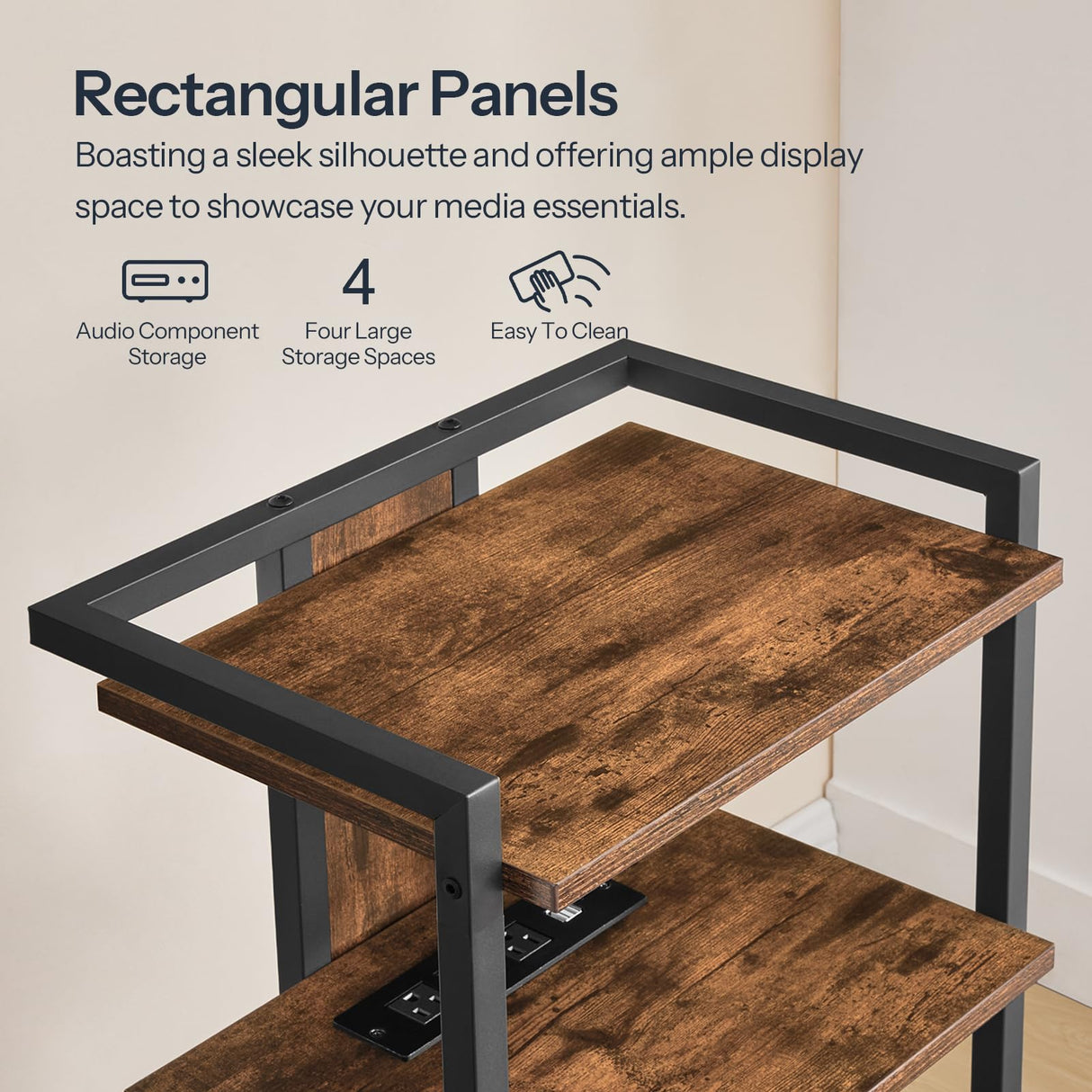 HOOBRO 4-Tier AV Media Stand, Media Console with Charging Station and LED Light Strip, Entertainment Device Stand, Game Console, Record Player, Media Accessories, Rustic Brown and Black BF38UDCJ01 HOOBRO