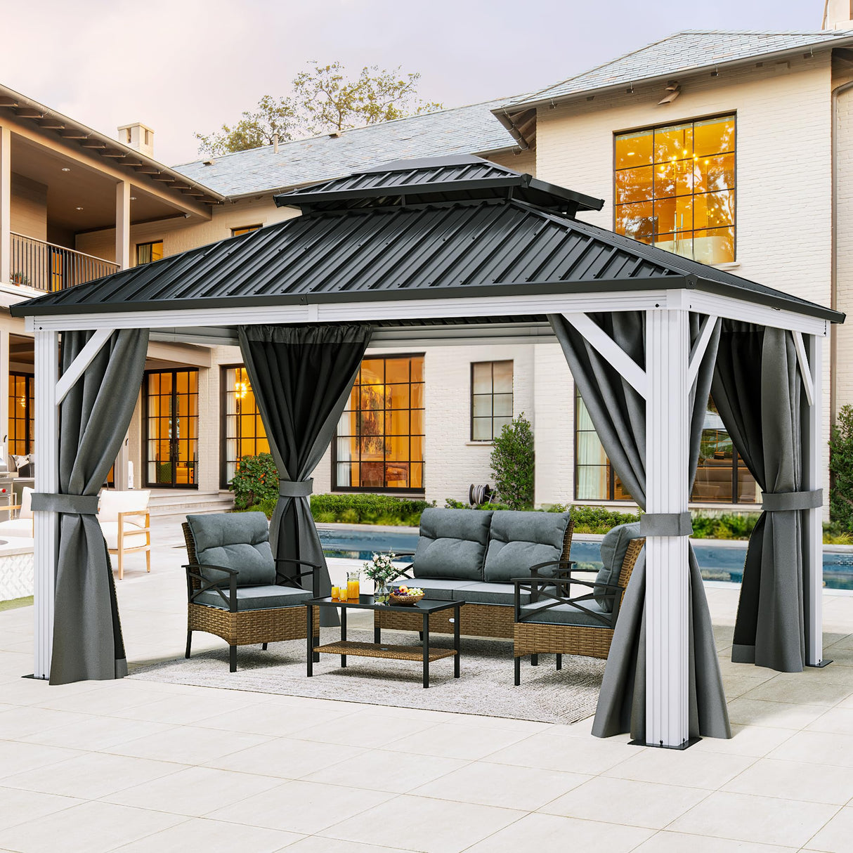 YITAHOME White Gazebo 10x12ft Hardtop Double Roof Canopy Galvanized Iron Aluminum Frame Outdoor Gazebo with Netting and Shaded Curtains Garden Tent for Patio, Backyard, Deck and Lawns, Grey Curtain YITAHOME