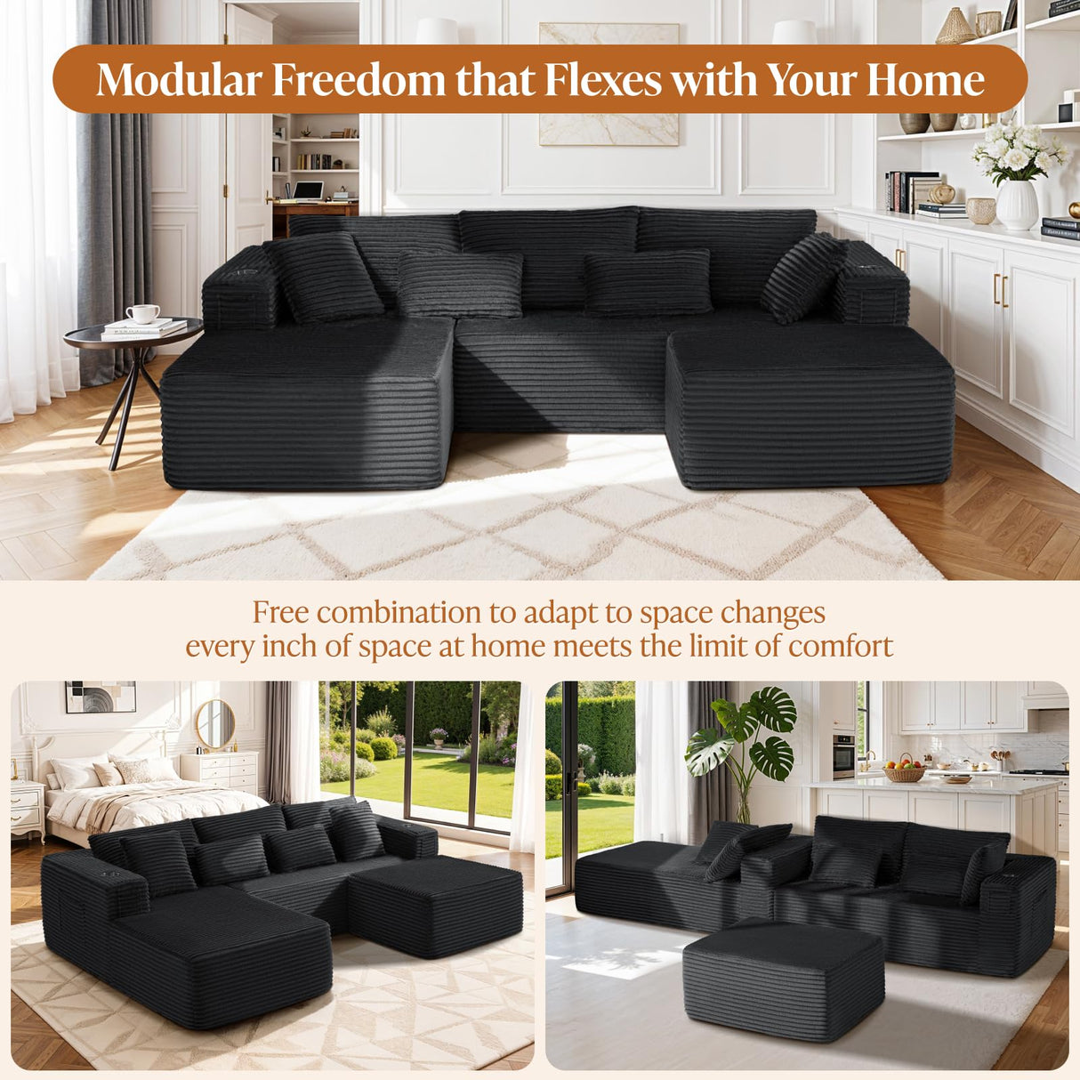 VYUXWO 108" Cloud Sectional Couch, Comfort U Shaped Boneless Couch for Living Room, Extra Deep Seats No Assembly, Minimalist Modular Sofa, Corduroy (Black, 2 Seater+Left Facing Chaise+Ottoman) VYUXWO