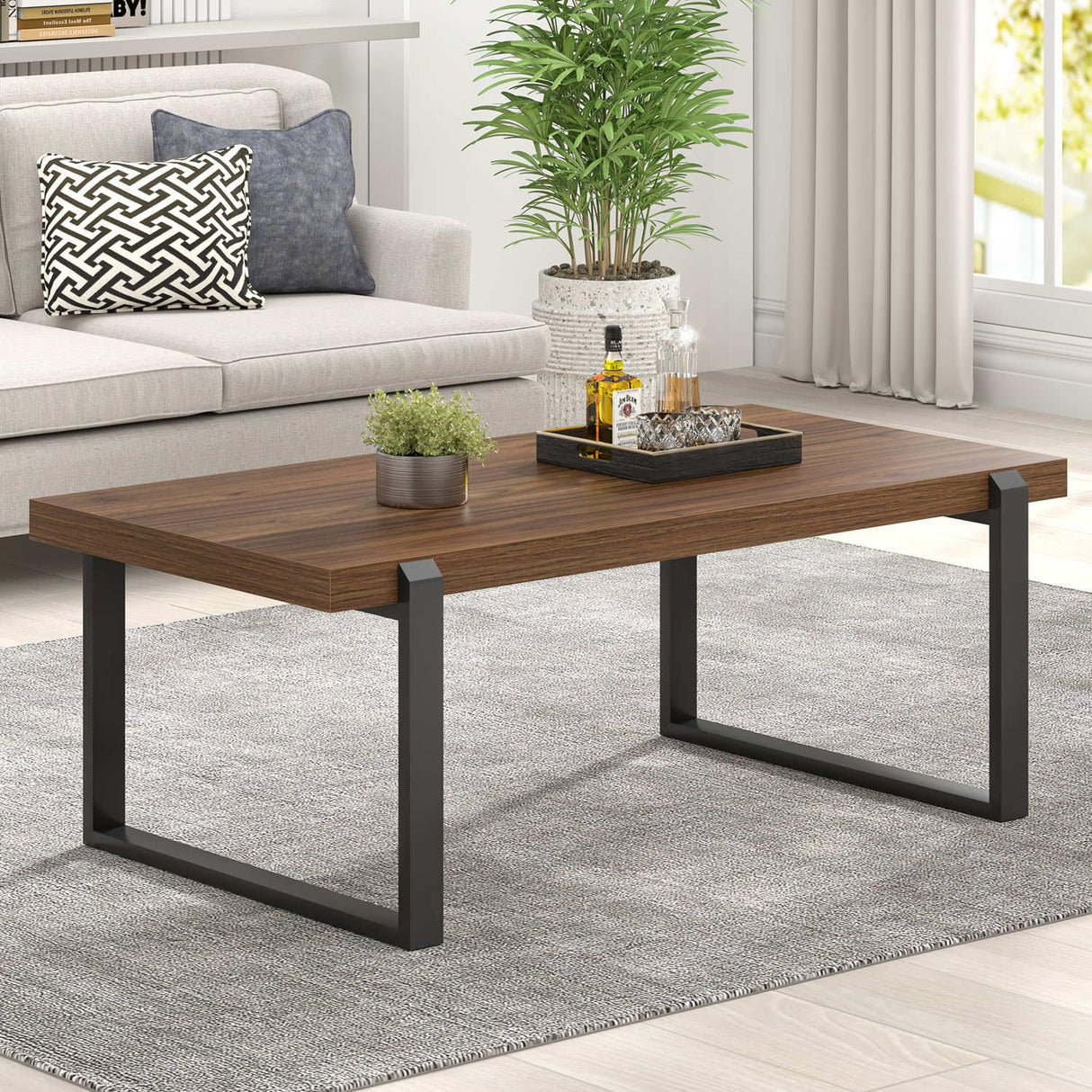 FOLUBAN Modern Coffee Table, Rustic Wood and Metal Center Table, Industrial Rectangle Cocktail Tea Table for Living Room, Walnut, 44 Inch FOLUBAN