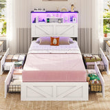 VIAGDO Farmhouse Bed Frame Twin Size with Bookcase Storage Headboard, Charging Station and LED Lights, Wooden Twin Bed Frames with 4 Drawers, Barn Door Design, No Box Spring Needed, No Noise, White VIAGDO