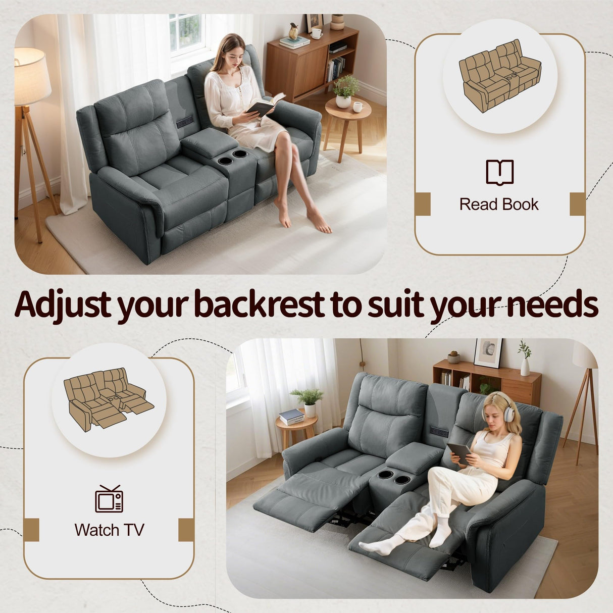 Korser Loveseat Recliner Sofa, Reclining Loveseat Couch with Manual Pull Tab, Reclining Couch with Console, USB Port, US Outlets, and Cup Holders, 2-Seater Performance Fabric Sofa for Living Room, RVs Korser