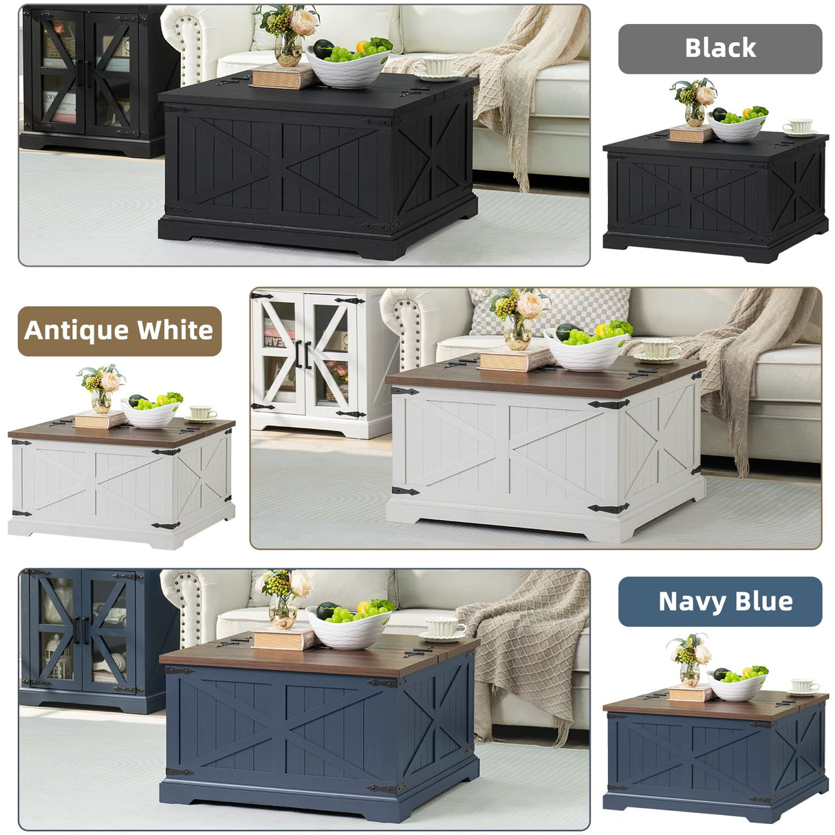 Joaxswe Farmhouse Coffee Table with Large Hidden Storage Compartment, Rustic Black Square Center Table, Wood Low Farm House Modern Living Room Tables with Hinged Lift Top & Wooden Arc Base Joaxswe