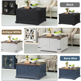 Joaxswe Farmhouse Coffee Table with Large Hidden Storage Compartment, Rustic Black Square Center Table, Wood Low Farm House Modern Living Room Tables with Hinged Lift Top & Wooden Arc Base Joaxswe