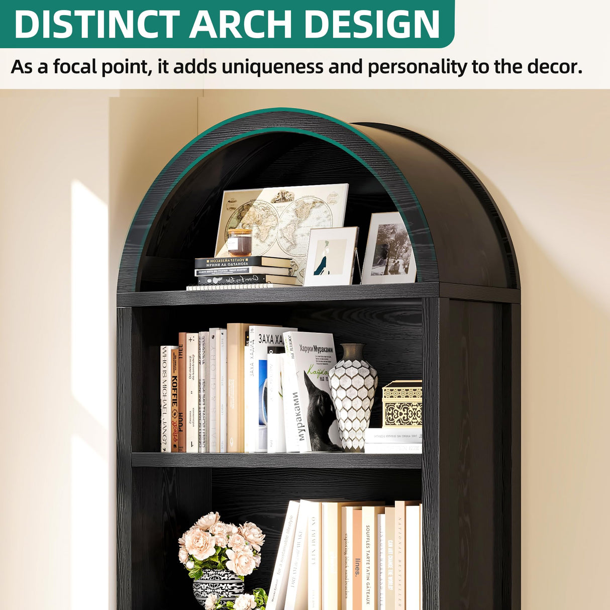 YITAHOME Arched Bookshelf, 71" Tall Bookcase with Drawers Arched Bookcase with Storage, Bookshelf Display Storage Rack with Adjustable Shelves for Living Room, Office, Black YITAHOME