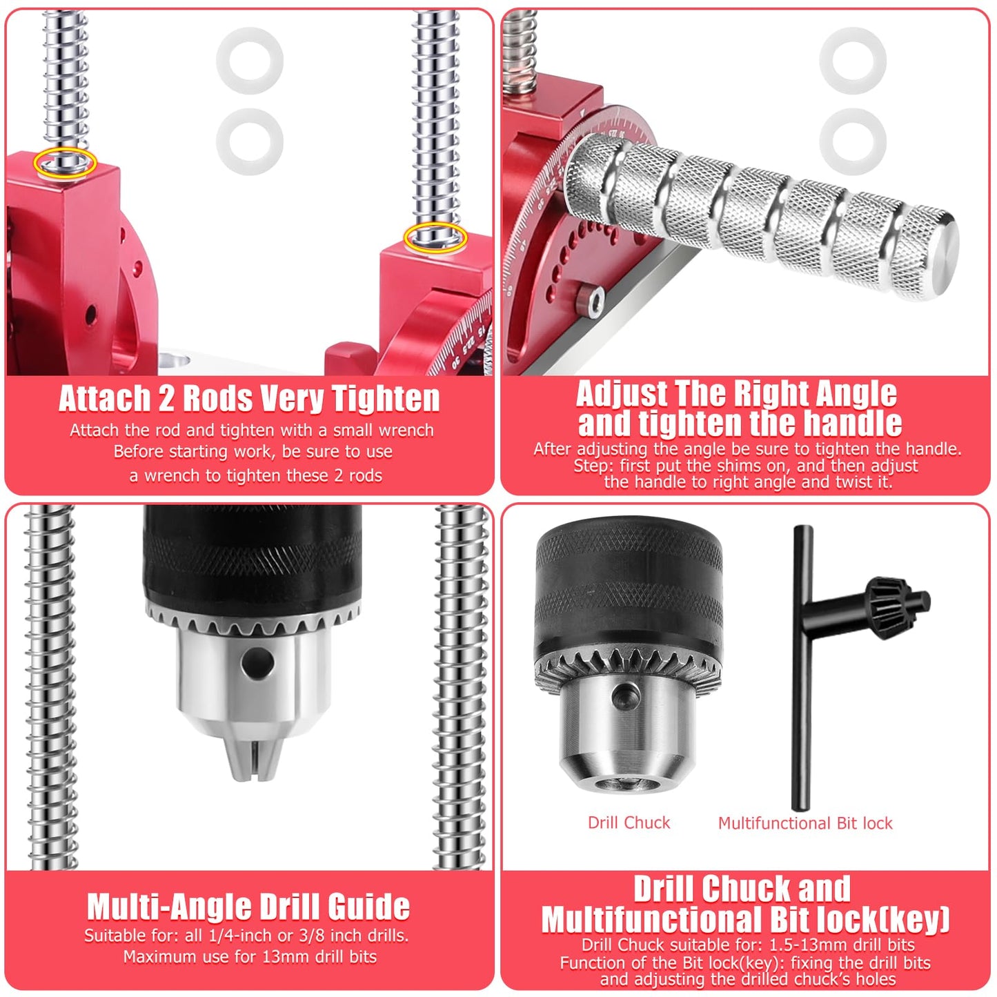 Portable Drill Guide Self-Centering Portable Drill Guide w/Chuck Key, 0° To 60° Angle Drill Guide w/Easy-To-Read Protractor Scale,Multi-Angle Drill Guide With Self-Centering Base Woodworking  - WoodArtSupply