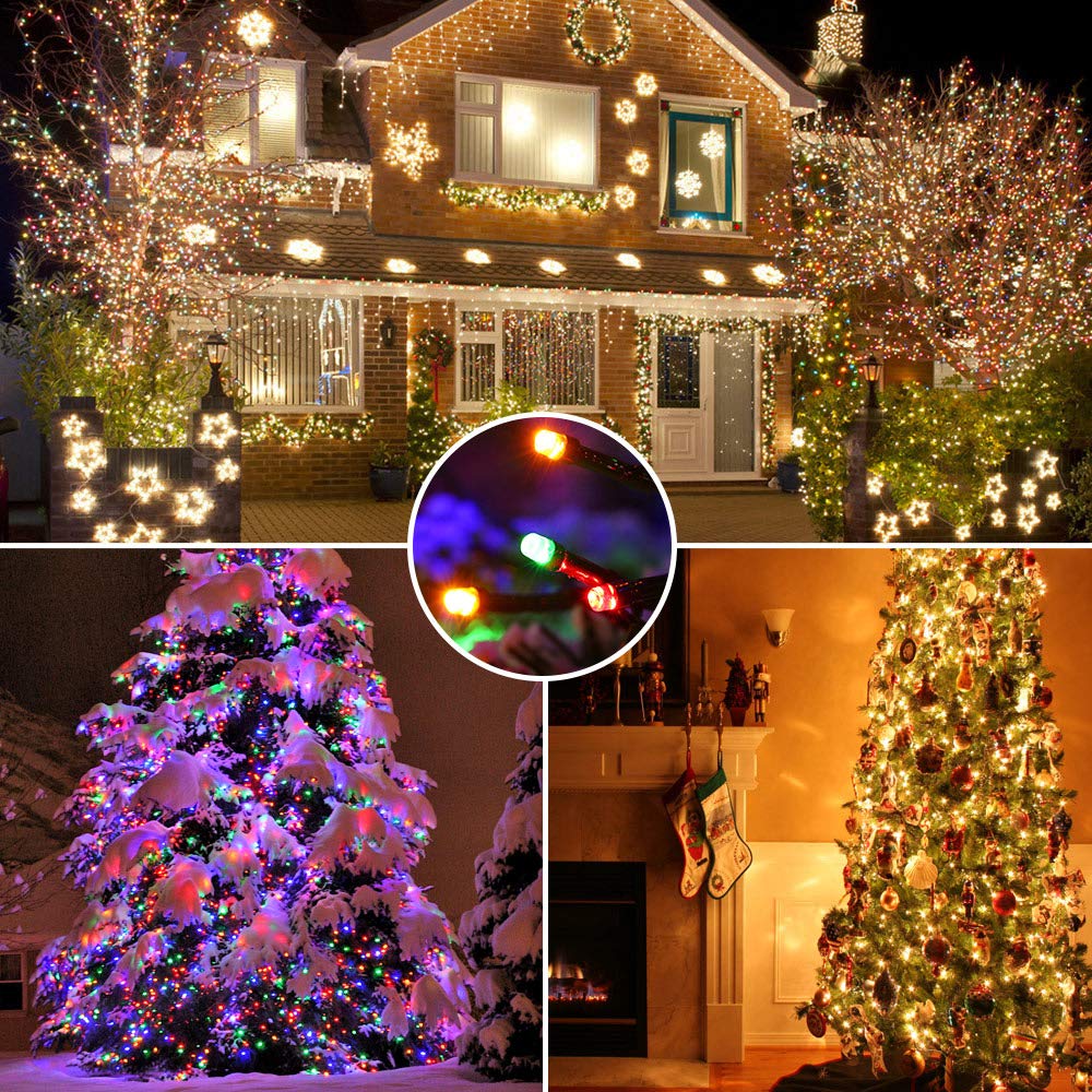 Brizled Christmas Lights Outdoor, 500 LED Color Changing Christmas String Lights with Remote, 180.4ft 11 Modes Christmas Tree Lights Warm White & Multicolor Green Wire Xmas Lights for Xmas Party Home