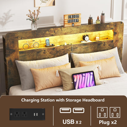 SAMTRA Modern King Wood Bed Frame with LED Headboard, Storage & Bookshelf - WoodArtSupply