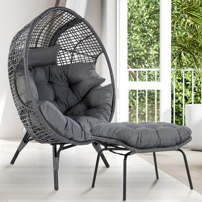 NICESOUL Patio Egg Chair with Ottoman, Big Oversized 440lbs Half-Egg Shape Chair w/Footstool, Comfortable Boho Rattan Lounger Chair w/Cushion for Reading, Living Room, Indoor, Exteriors, Porch,Gray
