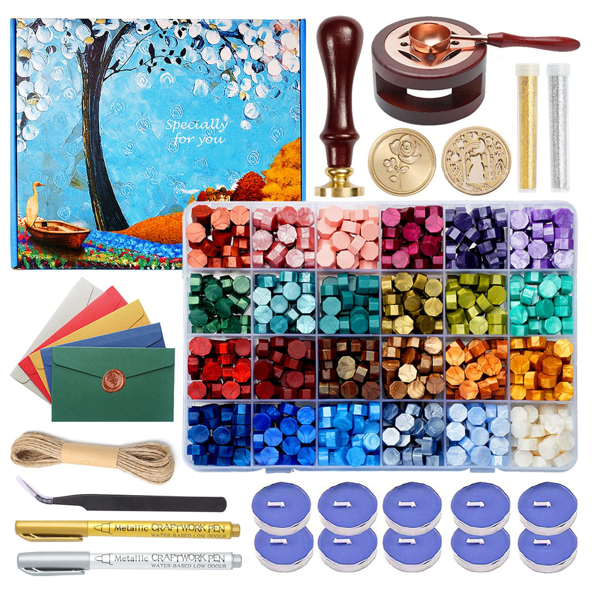 Comealltime Wax Seal Kit with Gift Box, 624 Pcs 24 Colors Sealing Beads, 2 Pcs Stamps, Sealing Wax Warmer, Metallic Pen, Envelope, Candles for Wedding Birthday Gift and DIY Craft, Sellado de Cera Comealltime