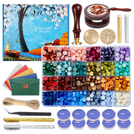 Comealltime Wax Seal Kit with Gift Box, 624 Pcs 24 Colors Sealing Beads, 2 Pcs Stamps, Sealing Wax Warmer, Metallic Pen, Envelope, Candles for Wedding Birthday Gift and DIY Craft, Sellado de Cera Comealltime