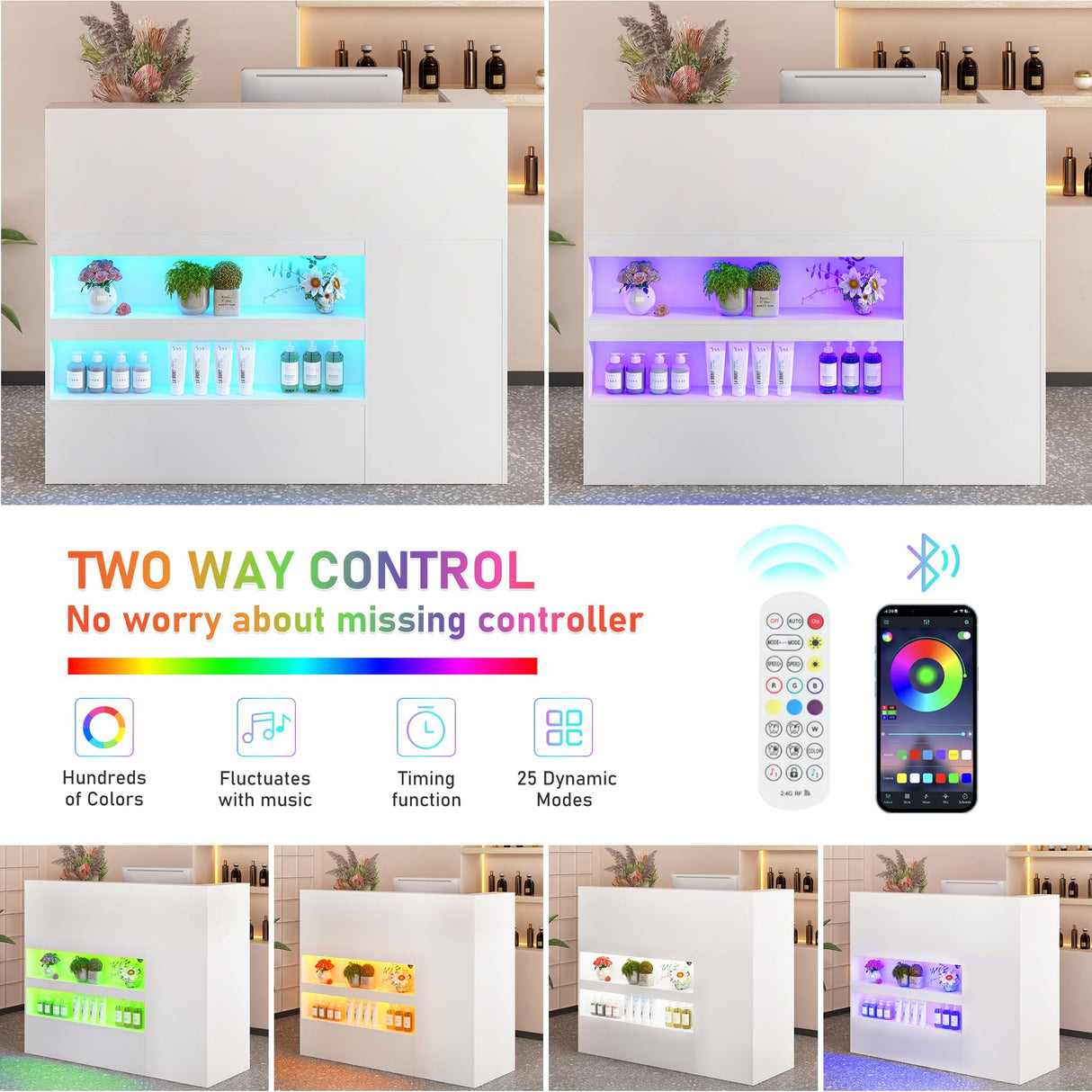 55" Reception Desk with LED Lights Power Outlets,L-Shaped Modern Front Desk Reception Room Table with Cable Grommet,Lockable Drawers,Retail Checkout Counter for Lobby,Salon,Home Office Desk,White Hlivelood