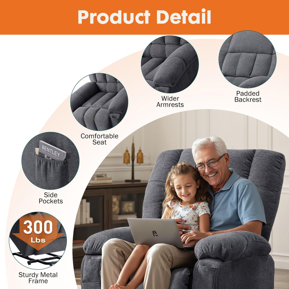 Sweetcrispy Power Lift Recliner Chair with Vibration Massage and Heat for Elderly, Ergonomic Overstuffed Breathable Fabric Reclining Chair with 3 Pockets, Remote Control, Living Room, Bedroom, Grey Sweetcrispy