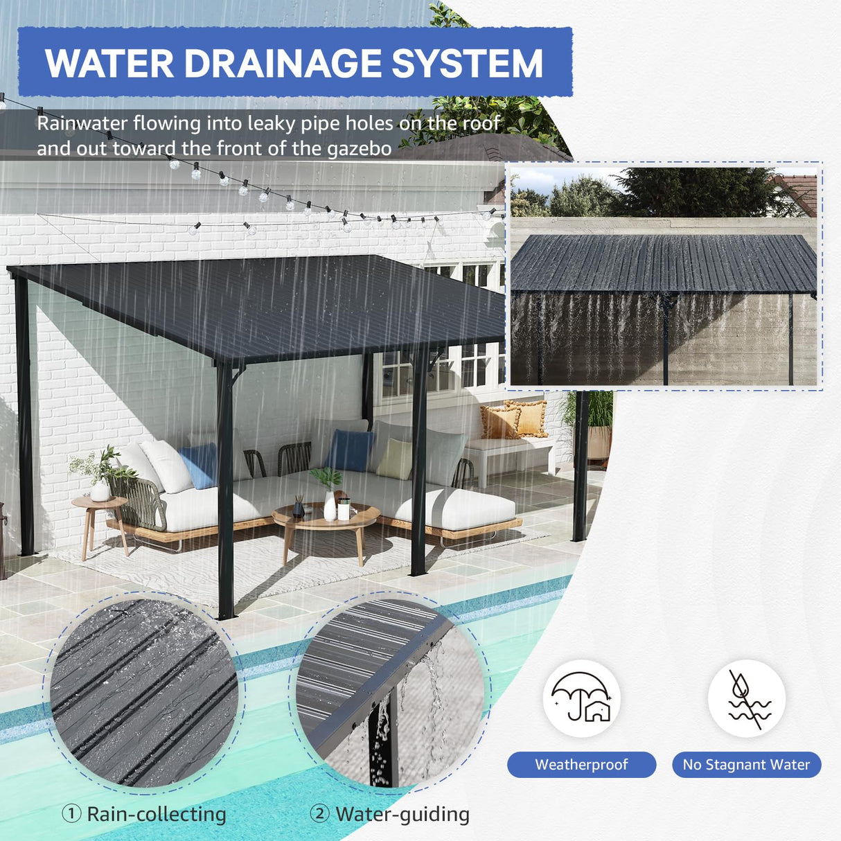 SUNSITT 10'x 14' Gazebo, Outdoor Lean to Gazebo Pergola w/Drainage Holes, Wall-Mounted Gazebo with Hard Top Metal Awnings for Patio Backyard Deck, Dark Grey SUNSITT