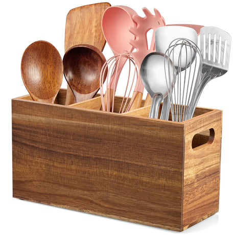 ALELION Acacia Wood Utensil Holder for Kitchen Counter - 3 Compartment Large Kitchen Utensil Caddy Organizer for Countertop - Kitchen Tool Holder for Spatula - Farmhouse Kitchen Decor Accessories ALELION