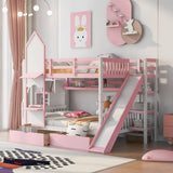 Full-Over-Full Bunk Bed, Castle Style Bunk Bed with 2 Drawers and 3 Shelves, Solid Wood Bunk Beds with Slide and Storage Staircase, Playhouse Low Bunk Bed for Kids Teens Boys Girls (Pink-O273) Aiuyesuo