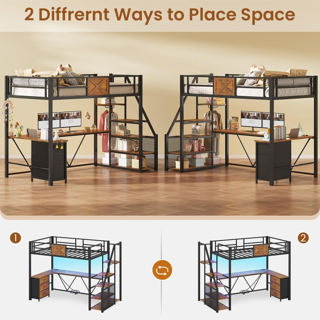 Itaar Stairway Twin Size Loft Bed with L Shaped Desk and Wardrobe, Metal Loft Bed Frame with Storage Stairs, 3 Fabric Drawers, LED Lights & Charging Sation, Rustic Brown Itaar