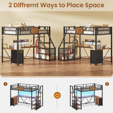 Itaar Stairway Twin Size Loft Bed with L Shaped Desk and Wardrobe, Metal Loft Bed Frame with Storage Stairs, 3 Fabric Drawers, LED Lights & Charging Sation, Rustic Brown Itaar