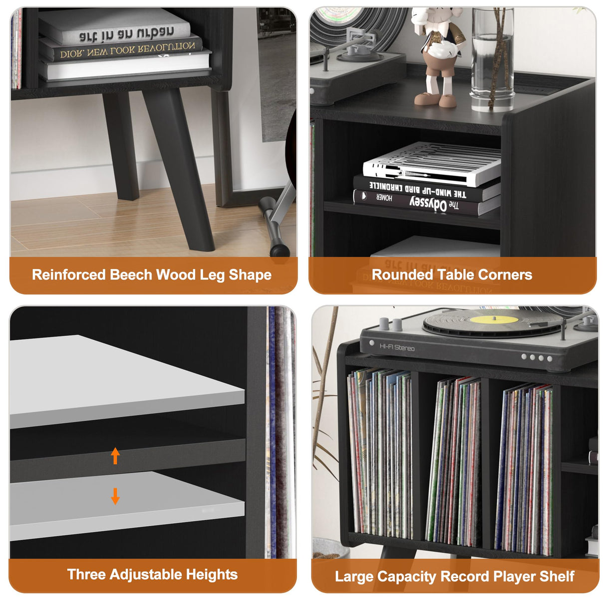 Forevich Record Player Stand Table with Vinyl Storage Holder Large Turntable Record Stand with Power Outlet Holds Up to 220 Albums Display Shelf Cabinet with Wood Legs for Living Room Black Forevich