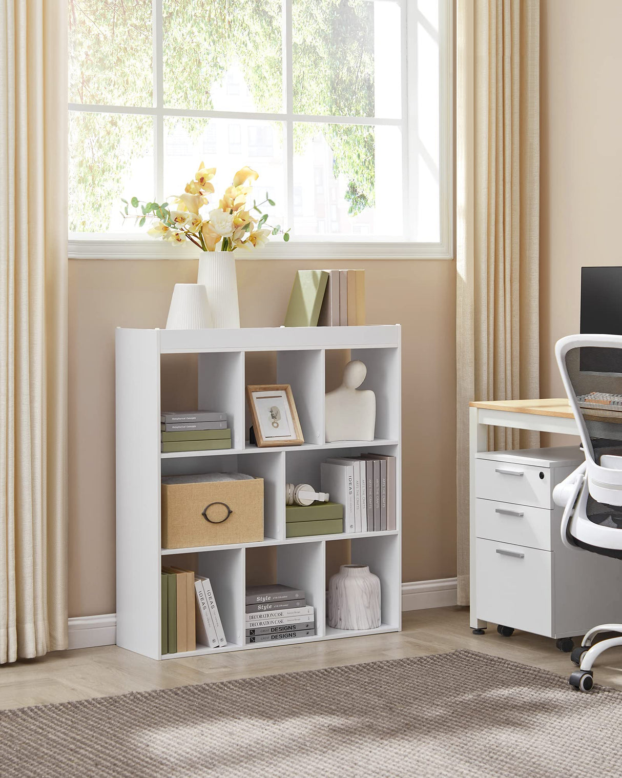 VASAGLE Bookcase, Bookshelf, Freestanding Storage Unit, 8 Open Compartments, Used Horizontally, Vertically, Upside Down, 11 x 35.4 x 39.4 Inches, for Living Room, Study, Office, White ULBC55WT VASAGLE