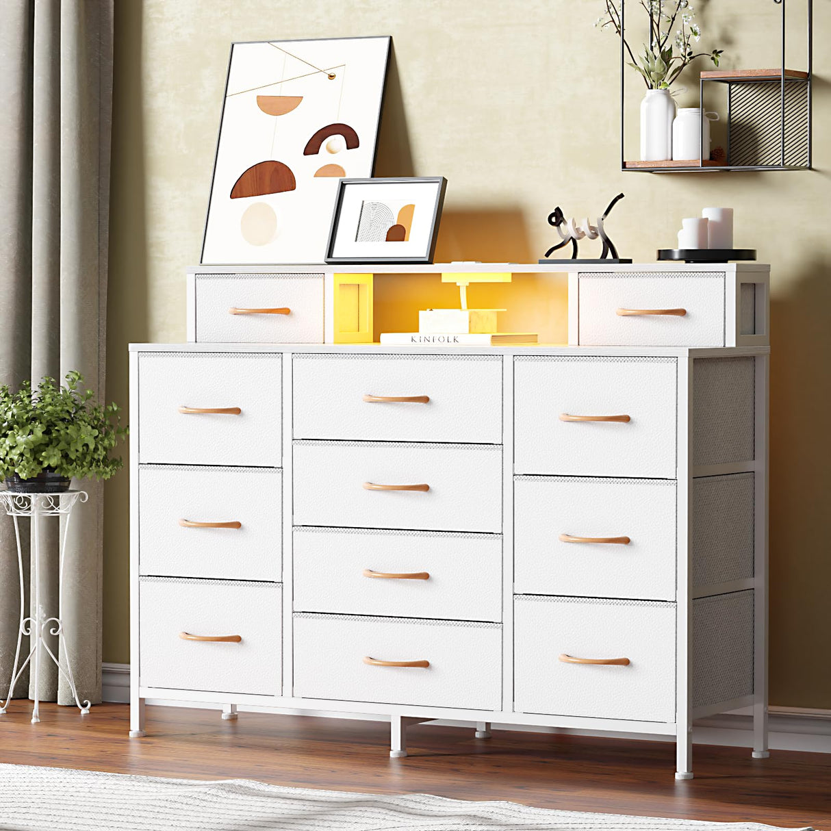 Furnulem White Dresser for Bedroom with LED Lights & Charging Station,47" Long Chests with 12 Fabric Storage Drawers,Wide Vanity Dressers Furniture for Closet,Entryway,2 Shelves Wood Top,Metal Frame Furnulem