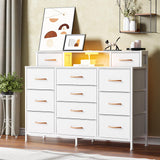 Furnulem White Dresser for Bedroom with LED Lights & Charging Station,47" Long Chests with 12 Fabric Storage Drawers,Wide Vanity Dressers Furniture for Closet,Entryway,2 Shelves Wood Top,Metal Frame Furnulem