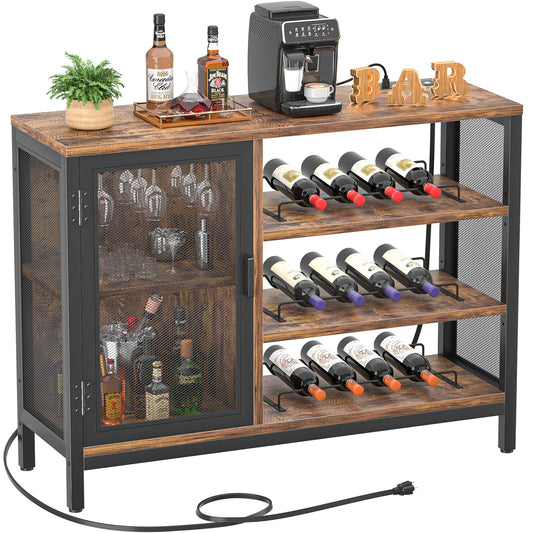 Homieasy Wine Bar Cabinet with Power Outlets, Industrial Coffee Bar Cabinet for Liquor and Glasses, Farmhouse Bar Cabinet with Removable Wine Racks, Rustic Brown - WoodArtSupply