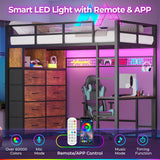 ADORNEVE Twin Size Loft Bed with Desk and 8 Storage Drawers, Metal Kids Loft Bed Twin with LED Lights & Charging Sation, Storage Shelves, 13.1" H Safety Guard & Ladder, Rustic Brown ADORNEVE