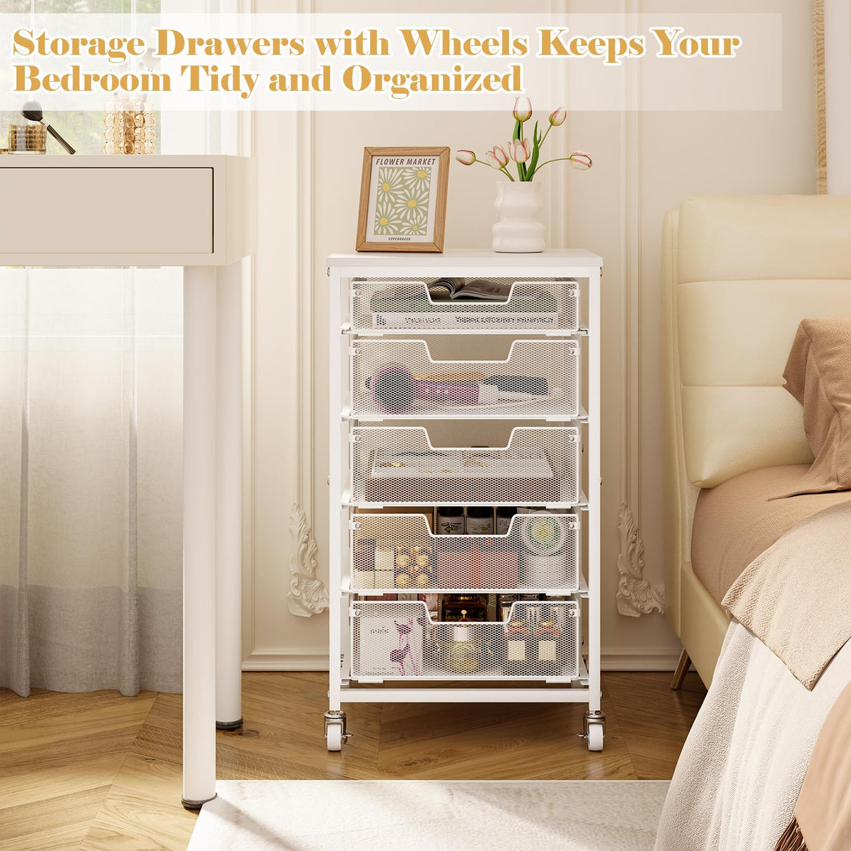 Sbanmao Utility Cart with 5 Drawers, Rolling Storage Cart with Wooden Tabletop and Lockable Wheels, Storage Drawer Cart Craft Cart for Bedroom, Classroom, Home, Office, White Sbanmao