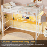 DICTAC Twin Loft Bed with Desk and Charging Station Twin Size Metal Bed Frame with LED Lights Metal Platform Bed,Top Bunk with Safety Guardrail and Stair, Space-Saving,No Box Spring Needed, White DICTAC