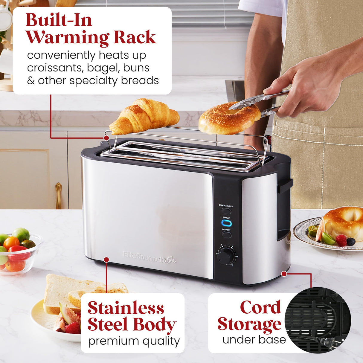 Elite Gourmet ECT-3100 Long Slot 4 Slice Toaster, Reheat, 6 Toast Settings, Defrost, Cancel Functions, Built-in Warming Rack, Extra Wide Slots for Bagels & Waffles, Stainless Steel & Black Elite Gourmet