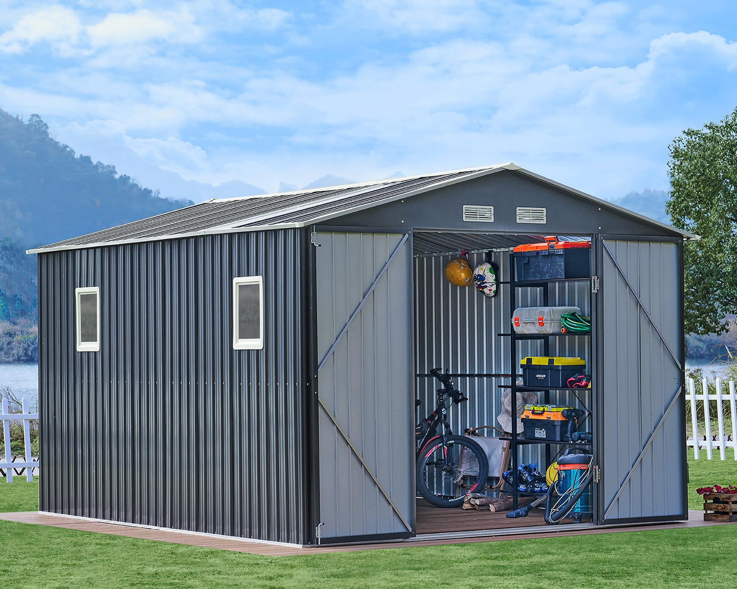 VanAcc 10x12x7.5 FT Outdoor Storage Shed, Metal shed with 2 Clear Panels Hinged Double Doors 4 Vents, Outdoor Shed for Backyard, Garden, Patio, Dark Grey/White - WoodArtSupply