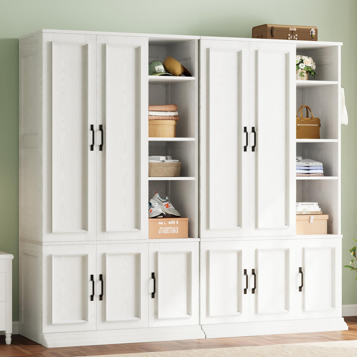 LIKIMIO Armoire Wardrobe Closet 70" H, 5 Doors Bedroom Wooden Wardrobe with 4 Storage Shelves and Hanging Rod, Clothing Storage Cabinet Organizer Combination, White LIKIMIO