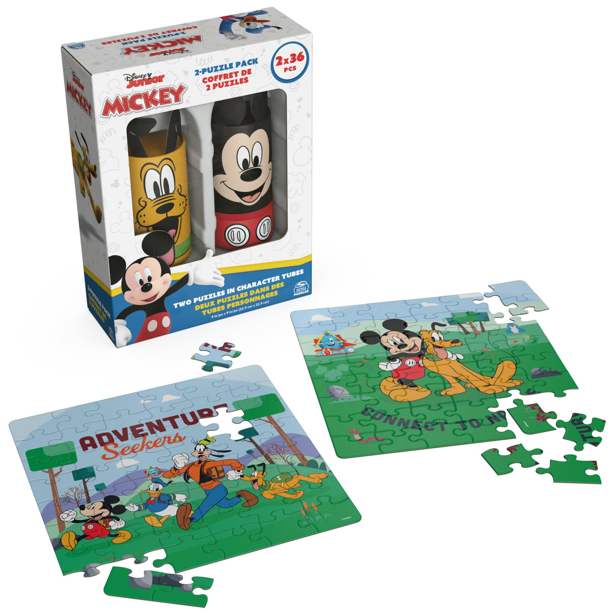 Disney Mickey Mouse, 2-Puzzle Pack 36-Piece Jigsaw Puzzles Storage Tubes Disney Toys Mickey Mouse Clubhouse Kids Puzzles Disney Gifts, for Ages 4 and up Spin Master Games