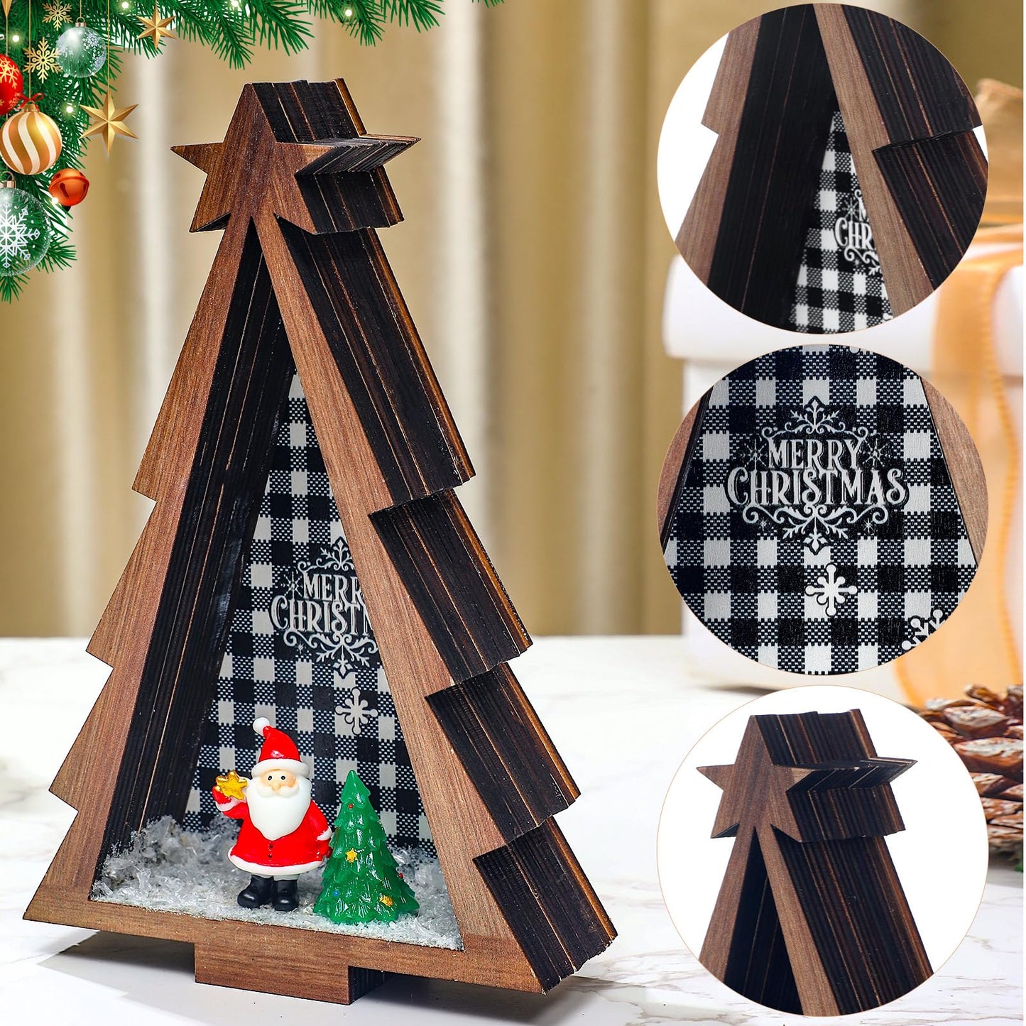 3 Pcs Wooden Christmas Trees Rustic Tabletop Decoration with Christmas Resin Charms Farmhouse Wooden Xmas Centerpiece Christmas Tree Sign Centerpieces for Table Home Decor