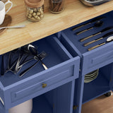 HOMCOM Kitchen Island on Wheels, Rolling Cart with Rubberwood Top, Spice Rack, Towel Rack and Drawers for Dining Room, Navy Blue HOMCOM