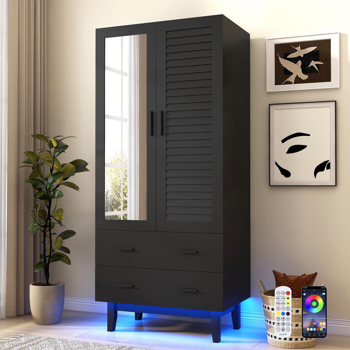 jiteentarou 2 Door Armoire Wardrobe Closet Cabinet with Drawers and LED Lights, Multi-Tier Shelves, Hanging Rod & 2 Louver Doors, Large Capacity Storage Wardrobe Armoire for Bedroom(2 Doors Black) jiteentarou