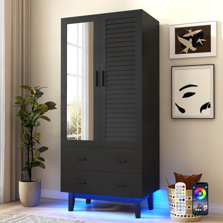 jiteentarou 2 Door Armoire Wardrobe Closet Cabinet with Drawers and LED Lights, Multi-Tier Shelves, Hanging Rod & 2 Louver Doors, Large Capacity Storage Wardrobe Armoire for Bedroom(2 Doors Black) jiteentarou