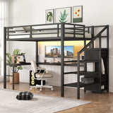 Bellemave Full Size Metal Loft Bed with L Shaped Desk and Wardrobe, Heavy Duty Loft Bed Frame with Storage Stairs, LED Loft Bed Frame with Charging Station & Safety Guardrails, Black Bellemave