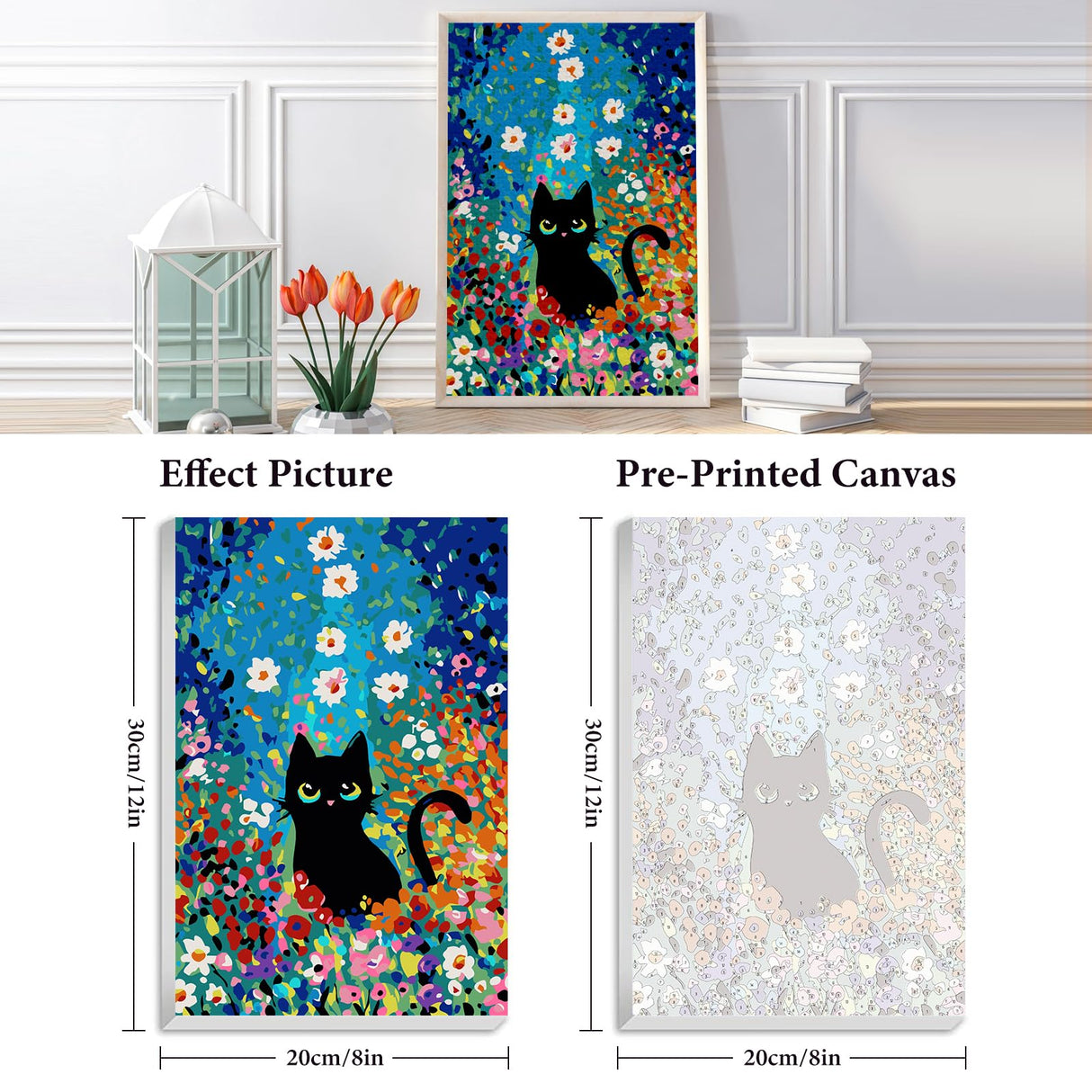 Fountor Paint by Numbers Kit for Adults Beginner & Kids Ages 8-12 with Wooden Frame Easy Acrylic on Canvas 8x12 inch with Paints and Brushes, Paint by Numbers Flowers Cat for Gift Home Wall Decor Fountor