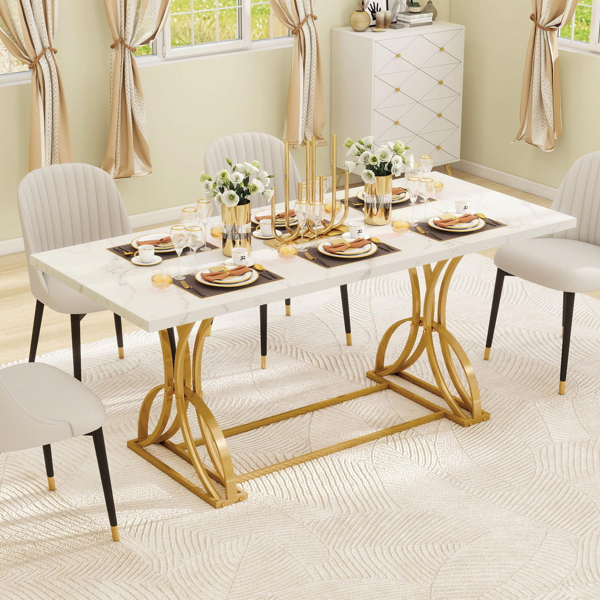DWVO 70.3" Large Modern Dining Table for 6-8 People Rectangular White Kitchen Dining Room Table with Faux Marble Tabletop and Gold Geometric Metal Legs Farmhouse Wood Dinner Tables, White and Gold DWVO