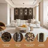 Leesinwing Room Divider, 4 Panel Wood Room Divider Wall, Carved Vault Room Dividers, Rustic Minimalism Room Partition, 5.6Ft Room Dividers and Folding Privacy Screens, Dark Brown Leesinwing