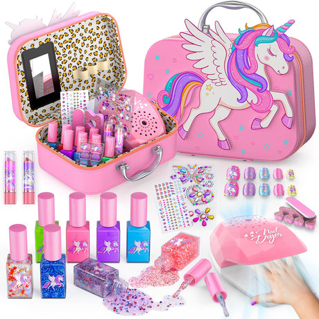 Glisiol Kids Nail Polish Set for Girls Toys, Washable Quick-Dry Toddler Nail Art Kit with Air Cooling Dryer and Cosmetic Case, Christmas or Birthday Gifts for Girls Ages 3 4 5 6 7 9 10 11 12-Pink Glisiol