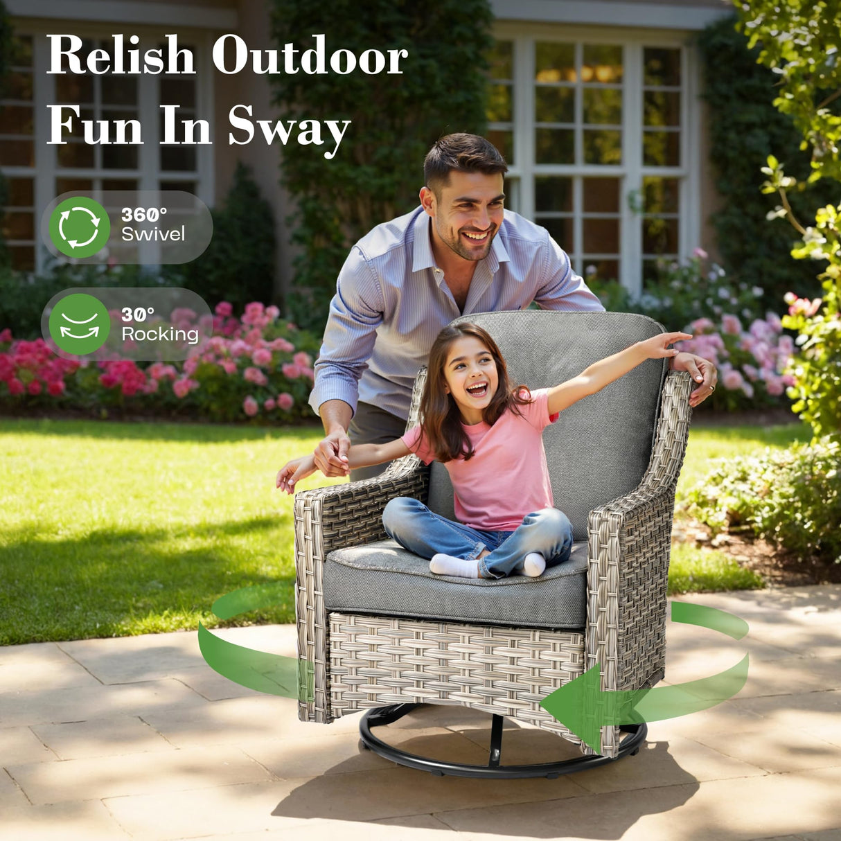 ovios Outdoor 10 Piece Patio Furniture with 54in Fire Pit Table,Wicker Coversation Set with Swivel Rocking Chair,Comfy Sectional Deep Sofa with Ottoman for Outside Porch Balcony Backyard,Dark Grey ovios