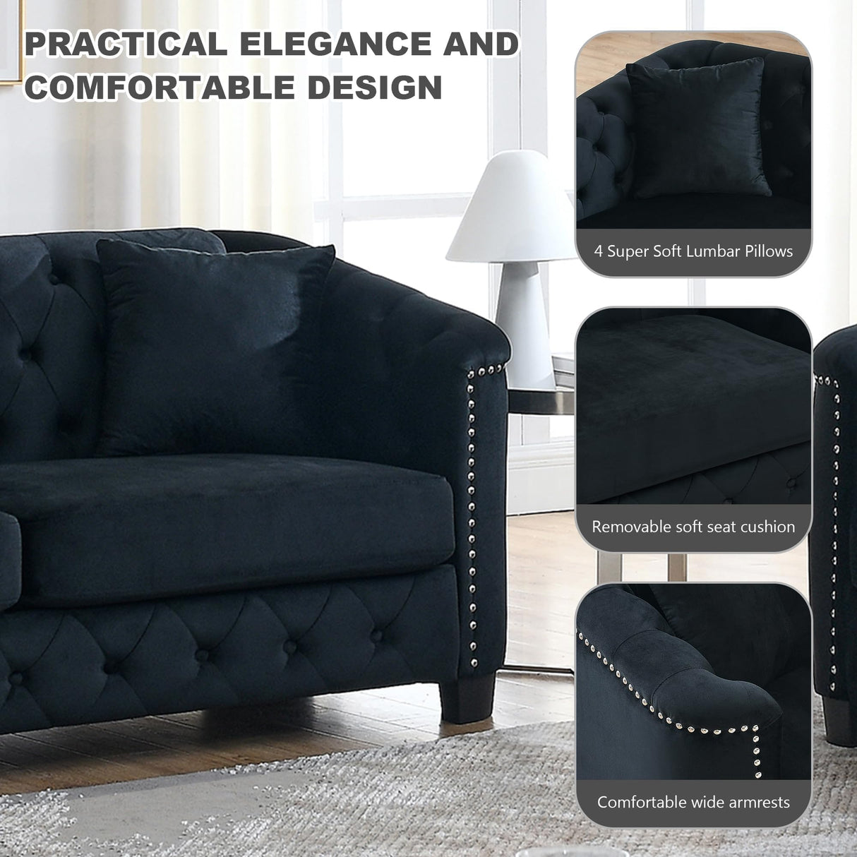 Sectional Couch for Living Room, Luxury 2 Piece Chesterfield Velvet Sofa Set 77" 3-Seater + 59" Loveseat, Modern Tufted Upholstery with Nailhead Arms and 4 Cushions for Office & Coffee Bars, Black BUIORD