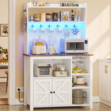 Itaar 35.4 inch Bakers Rack with Power Outlet and Storage, Farmhouse Coffee Bar Cabinet, Microwave Stand Kitchen Cabinet with Hutch, LED Lights, Wine Glass Holder and 8 Hooks，White Itaar