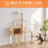 55'' Wood Cat Tree Modern Multi-Level Cat Tree Tower for Indoor Small & Large Cats with 2 Space Capsules Sisal Scratching Post Wooden Cat Condo Plush Top Perch and Dangling Toy Balls OUTGOODS