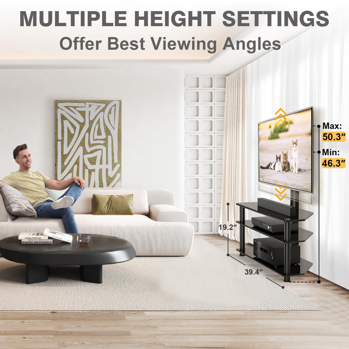 TAVR Furniture Swivel Floor TV Stand with Table for 32-70 Inch TVs, Universal Height Adjustable TV Floor Stand with Large Storage Shelves, Strong Corner TV Stand Mount Holds up to 88lbs, Black TAVR Furniture