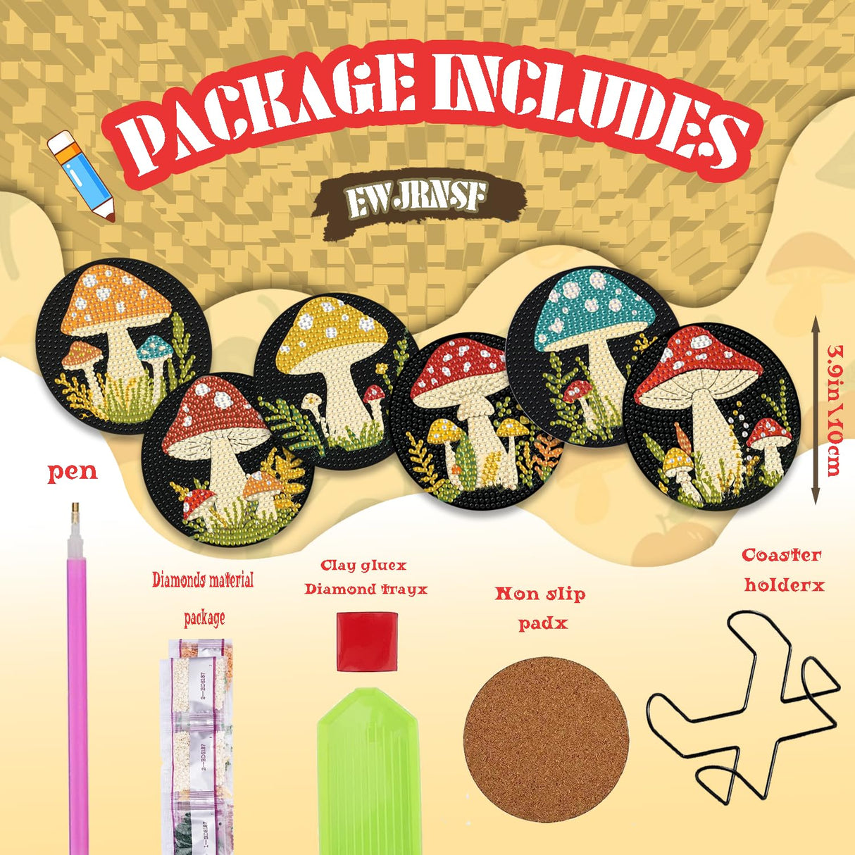 EWJRNSF 6 PCS 5D Diamond Painting Coasters Kits with Holder, Small Diamond Art Kits for Adults Beginners Diamond Dots Arts and Crafts Gems Supplies Item Mushroom Shaped EWJRNSF